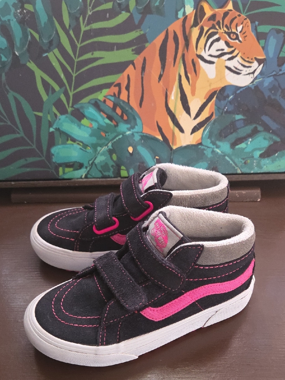 Vans Kids Black and Pink High-Top Sneakers with Velcro